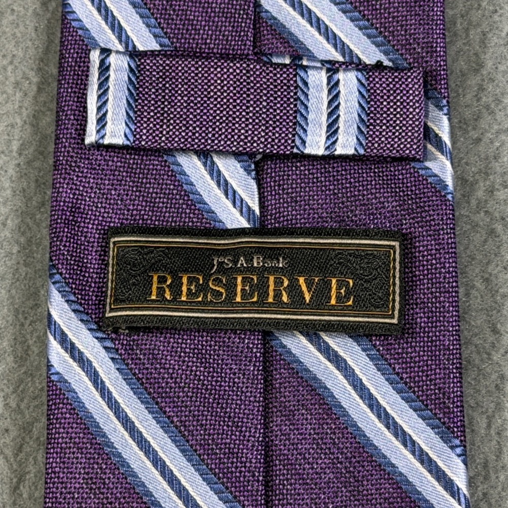 Jos A Bank Reserve Silk Tie Mens Purple Blue White Diagonal Striped Necktie - Picture 4 of 5